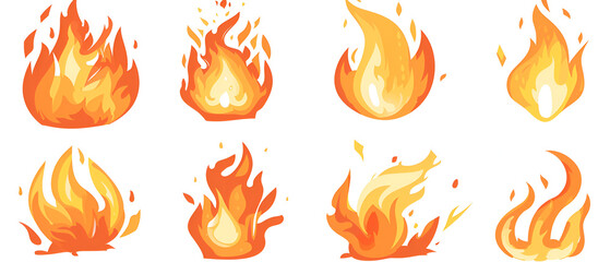 Flame, red hot bonfire set vector icons. Blazing, burning heat fire symbol ,Fire, Campfire, Isolated Torch Flame, Burning Bonfire Blaze. Glowing Shining Flare with Long Waving Tongues Elements