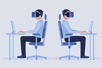Two people sitting back-to-back in office chairs, using virtual reality headsets and laptops, illustrating modern technology and remote work.