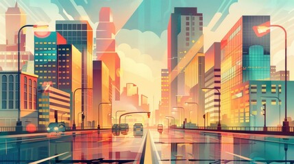 Obraz premium Colorful, futuristic cityscape at dawn, with vibrant high-rise buildings and a clear sky. Modern urban scenery with streetlights and cars.