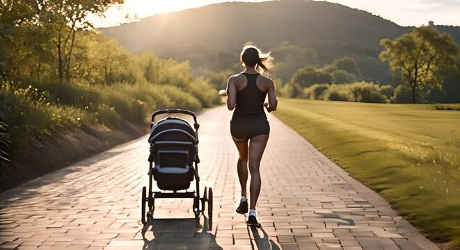 Mother running with her baby stroller.	
