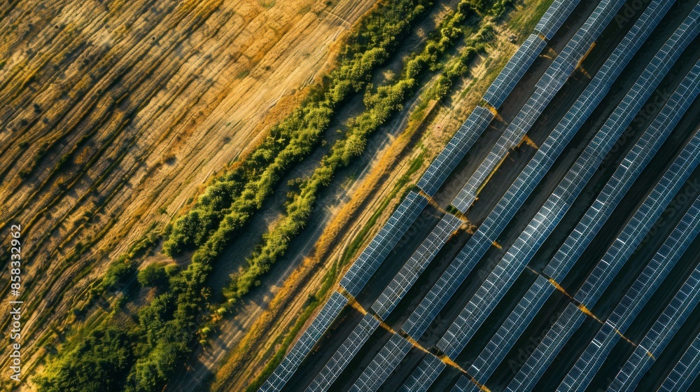 Poster A field with a row of solar panels in the background