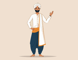 Indian Man in Traditional Dhoti and shirt Greeting Vector illustration