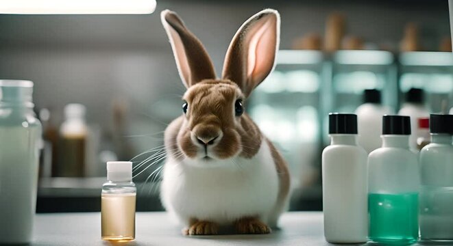 Rabbit in a laboratory next to cosmetics. Cruelty free concept.