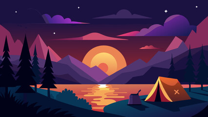 Calm lakeside camping scene with starlit sky and vibrant sunset colors vector illustration. Camping adventure with a tent and a canoe under a starry night sky in a forest setting illustration 