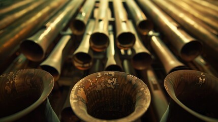 Center bottom opening of a set of pipes in a pipe organ close up shot