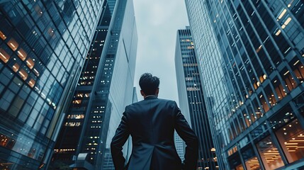 Businessman standing in front of modern skyscrapers with his back views a successful businessman concept.