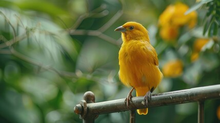 Fototapeta premium Golden bird perched on metal pole