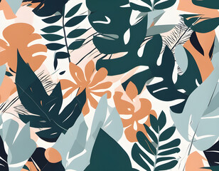 Fototapeta premium Seamless vector floral pattern with tropical leaves and abstract shapes.