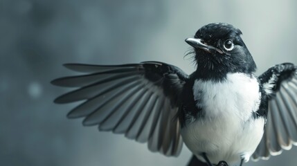 Willie Wagtail with wings raised gazing at camera empty space on the left