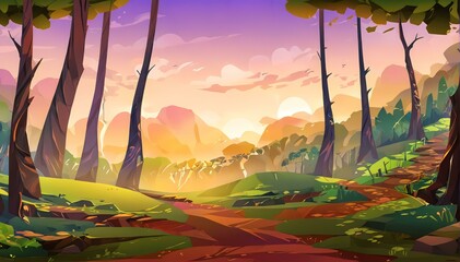 Sunset in Forest with Winding Path Vector Art Background Illustration