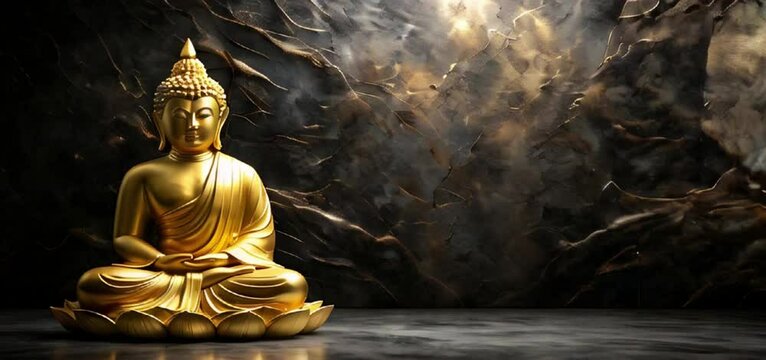  Golden Buddha statue in lotus position on black marble background