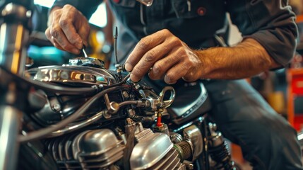 Obraz premium A mechanic conducting a comprehensive engine tune-up on a motorcycle, adjusting valves and carburetors to optimize performance and fuel efficiency