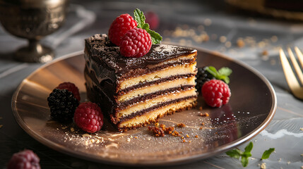 culinary photo, piece of chocolate cake, licorice cake
