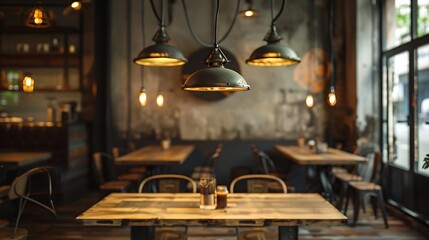 urban caf?(C) with industrial pendant lights hanging over wooden tables, casting a warm glow that enhances the rustic ambiance