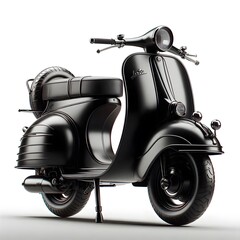 Black Retro Vintage Scooter Isolated on White Background. Modern Personal Transport. Classic Motor Scooter Side View. Electric Motorcycle with Step Through Frame. 3D illustration