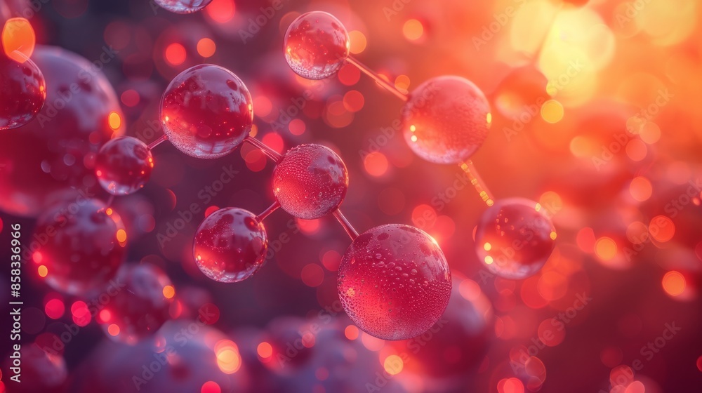 Poster a close-up, abstract image of red, glossy spheres connected by thin lines
