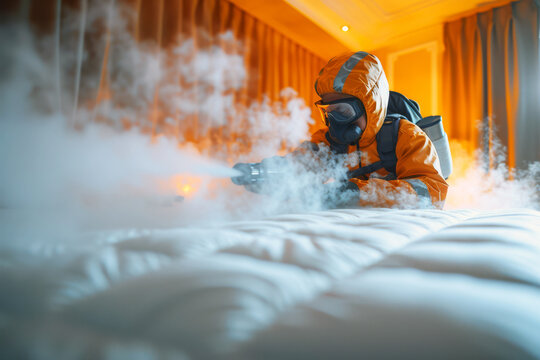 Fully protected pest control technician steams a mattress and bedding, utilizing high heat to kill bed bugs and their eggs