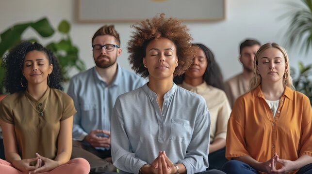 A diverse group of colleagues engaged in a mindfulness meditation session together, demonstrating the value of mental wellness practices in reducing stress and promoting focus at work 