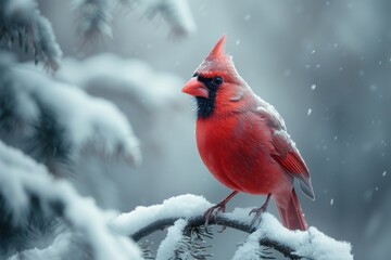 Red bird sitting on a branch in the snow, winter