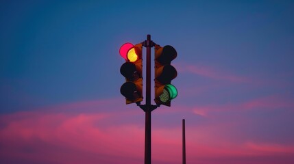 Traffic light at dusk, with illuminated signals casting a glow against the evening sky.