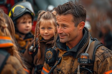 Fototapeta premium Firefighter Smiling With Children in Safety Gear at Event