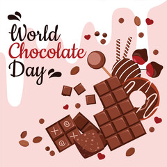 world chocolate day greeting card. Chocolate day creative lettering with background of chocolate sweets festive stylized background.