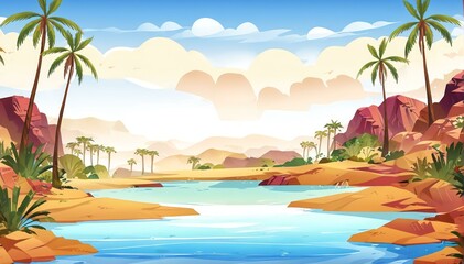 Bright Day at Lush Desert Oasis Vector Art Background Illustration