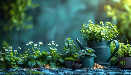 Optimizing the Digital Garden, digital garden with tools like SEO watering cans, content fertilizer, and keyword seeds, symbolizing nurturing and growth in SEO