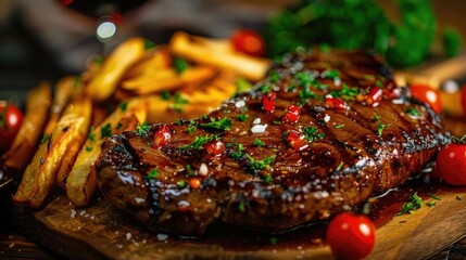 Grilled steak garnished with herbs and served with crispy fries and fresh cherry tomatoes on a wooden board.