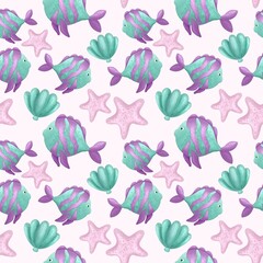 Seamless pattern shells fish sea  wrapping paper 