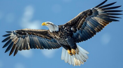 Obraz premium A striking image of a bald eagle in mid-flight with its wings spread wide against a clear blue sky providing space for text