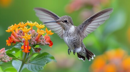 Fototapeta premium A close-up of a hummingbird in mid-flight feeding on a bright flower with a blurred green background for text space