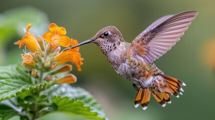 Fototapeta premium A close-up of a hummingbird in mid-flight feeding on a bright flower with a blurred green background for text space