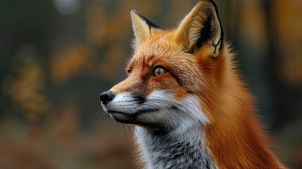 Obraz premium A close-up of a red fox's face with its sharp eyes and vibrant fur against a blurred forest backdrop with room for text