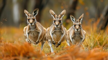 Fototapeta premium A group of kangaroos hopping through the Australian outback with ample room for copy space