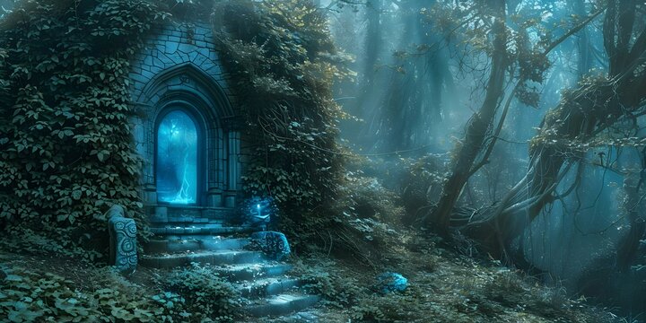 Enchanting fantasy wizards house in forest ruins illuminated by blue light ritual. Concept Fantasy Wizards, Enchanting House, Forest Ruins, Blue Light Ritual, Mystical Atmosphere