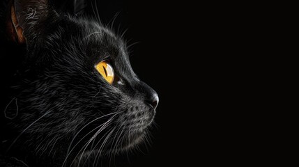 Black cat with yellow eyes against black background space for text