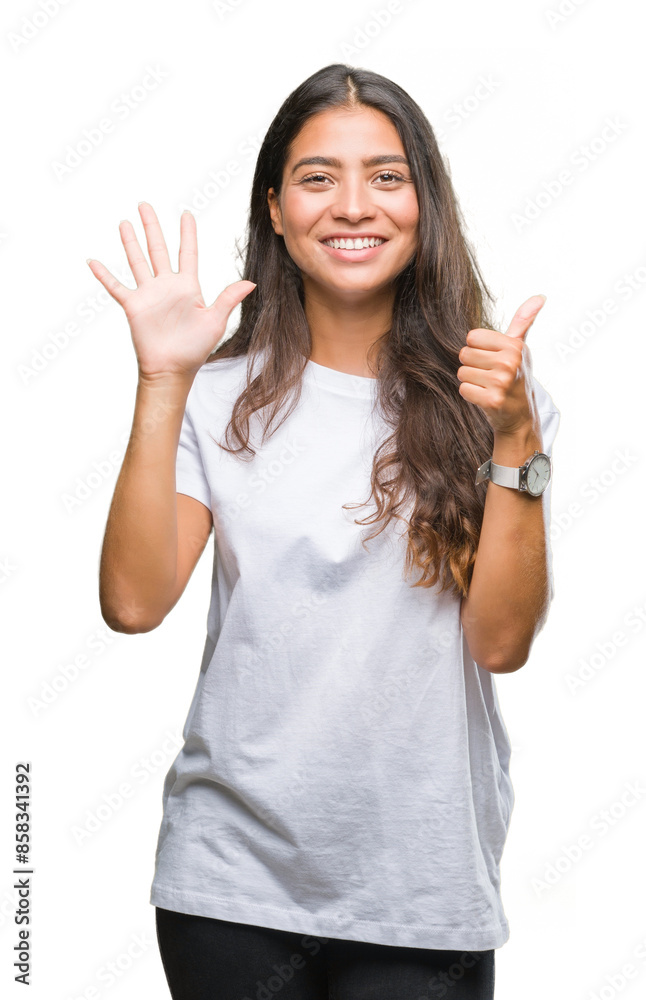 Sticker Young beautiful arab woman over isolated background showing and pointing up with fingers number six while smiling confident and happy.