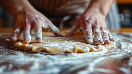 Hands Kneading Dough on Floured Surface in a Rustic Kitchen Setting