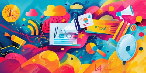 Illustration of digital marketing tools and strategies, vibrant colors and dynamic composition