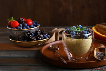 pudding with chia seeds and fresh berries for breakfast