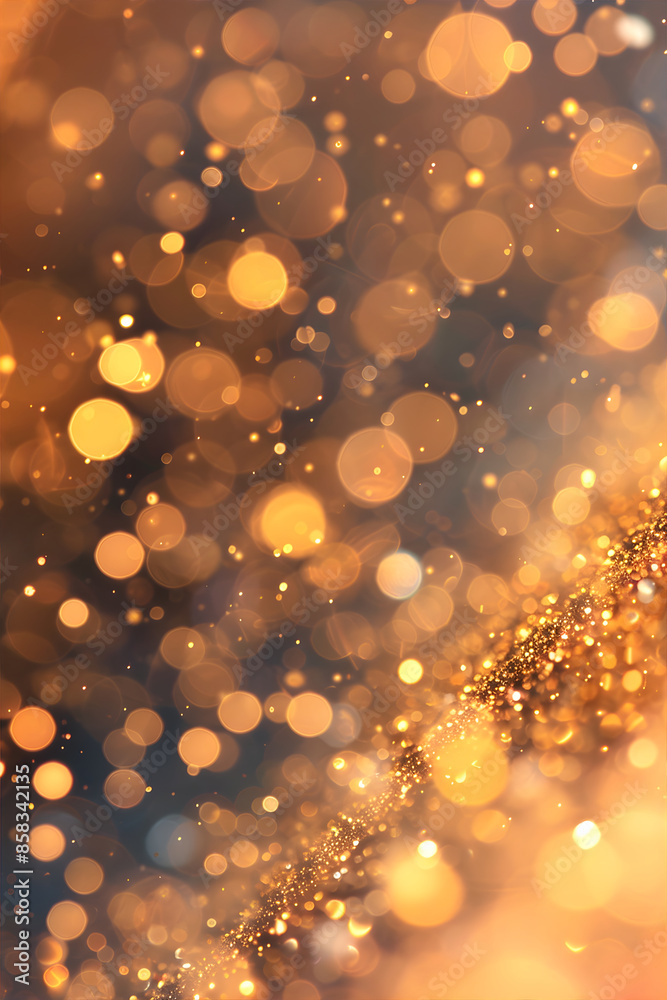 Wall mural Abstract gold glitter and stars background with bright circle blurred bokeh. Festive backdrop for Christmas, New Year, holiday or event.	 - Wall murals