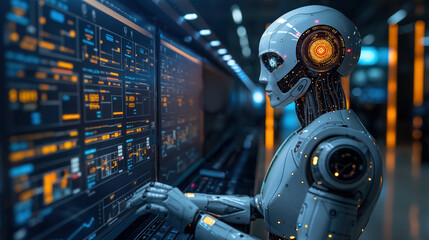 Fototapeta premium Roboter mit künstlicher Intelligenz, der einen Monitorbildschirm steuert