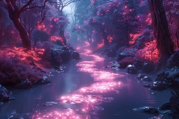 Fototapeta premium Ethereal Stream Flowing Through A Mystical Forest At Night