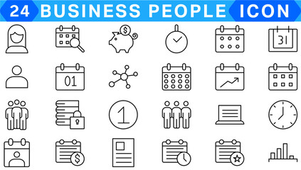 Business people line icons set. Businessman outline icons collection. Teamwork, human resources, meeting, partnership, meeting, work group, success, resume - stock vector.
