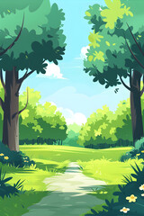 Cartoon flat style forest landscape. Summer green meadow background. Stylized field for backdrop. 