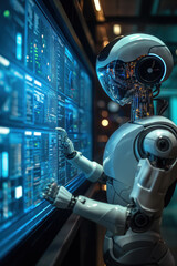 Fototapeta premium Roboter mit künstlicher Intelligenz, der einen Monitorbildschirm steuert