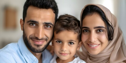 Obraz premium Joyful immigrant family in the US content and united in their happiness. Concept Immigrant Experience, Family Unity, Joyful Moments, Cultural Diversity, American Dream