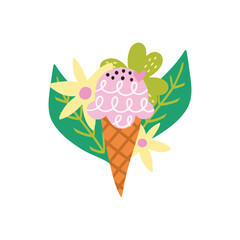Vector illustration of an ice cream decorated with flowers and leaves. Summer dessert colorful concept. Prints, t shirt, card, bag, cup, branding design idea.
