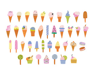 Collection of cute vector hand drawn cartoon ice creams. Cones and ice creams with different flavours made in doodle style.